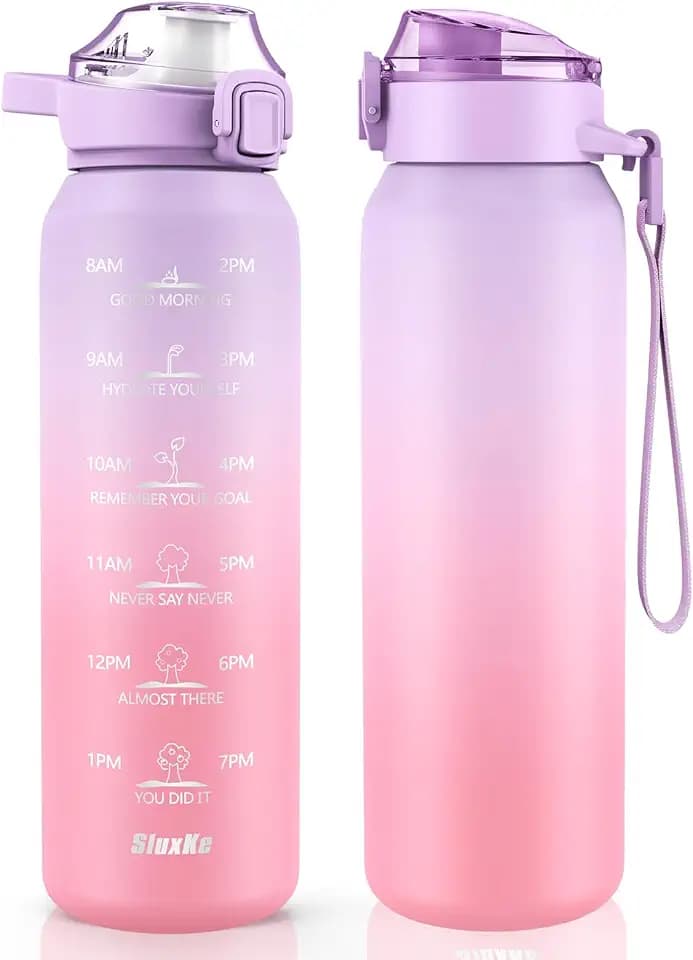SLUXKE Trinkflasche Edelstahl 1Liter mit Zeitmarkierung, 1L Thermosflasche mit Premium Auslaufsichere Deckel für Heiße, Kohlensäure und kalte Getränke LILA ROSA
