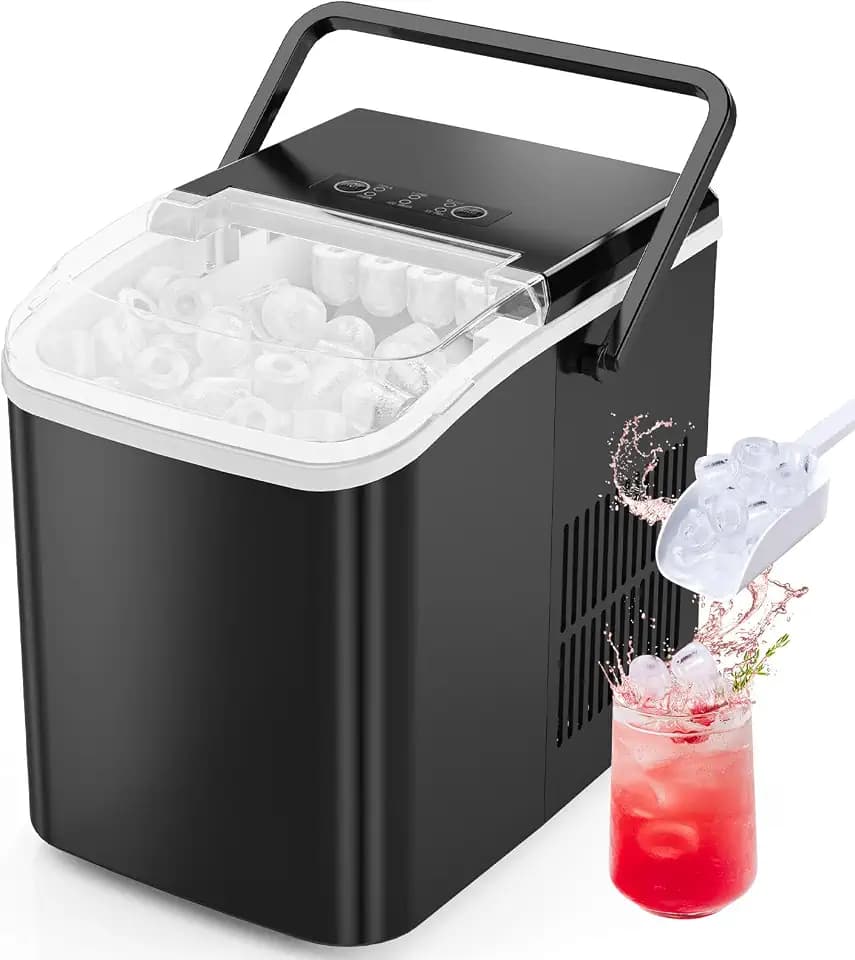 Sweetcrispy Countertop Ice Maker with Scoop, Basket and Handle, Portable Ice Machine 9 Cubes Ready in 6 Mins, 26.5lbs in 24Hrs, 2 Sizes for Home Kitchen Office Bar Party, Coal Black