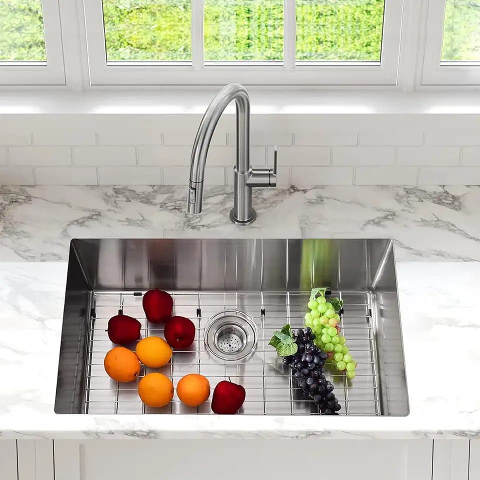 33 Inch Undermount Kitchen Sink, Stainless Steel Single Bowl Flush Rim, 2.0cm Edge 1.0mm Thick Wall, Brushed Bottom Grid and Drain Assembly Included