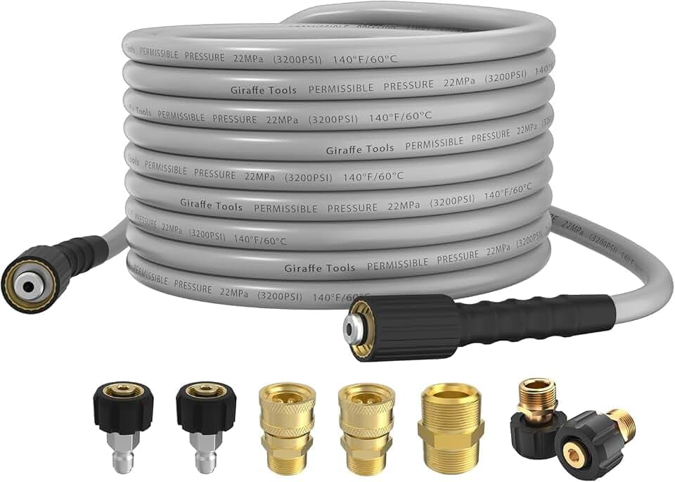 Giraffe Tools Pressure Washer Hose 25FT X 1/4", 3200 PSI Pressure Washing Hose, Kink Resistant, Heavy Duty Power Washer Hose, M22 to 3/8" Quick Connect Couplers for Replacement, 7 Accessories