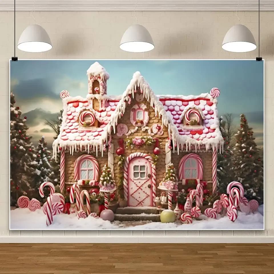 Christmas Candy Photography Backdrops Gingerbread House Pink Christmas Tree Winter Snowfalke Decor Photo Background Kids Baby Shower Backdrop Shooting7x5ft