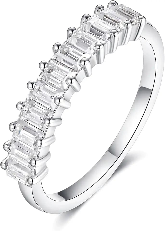 IMOLOVE Moissanite Wedding Bands for Women, Trendy 0.9 Carat Sterling Silver Stackable Baguette Rings Fashion Moissanite Eternity Rings for Women with 18K White Gold Plated Size 5-10