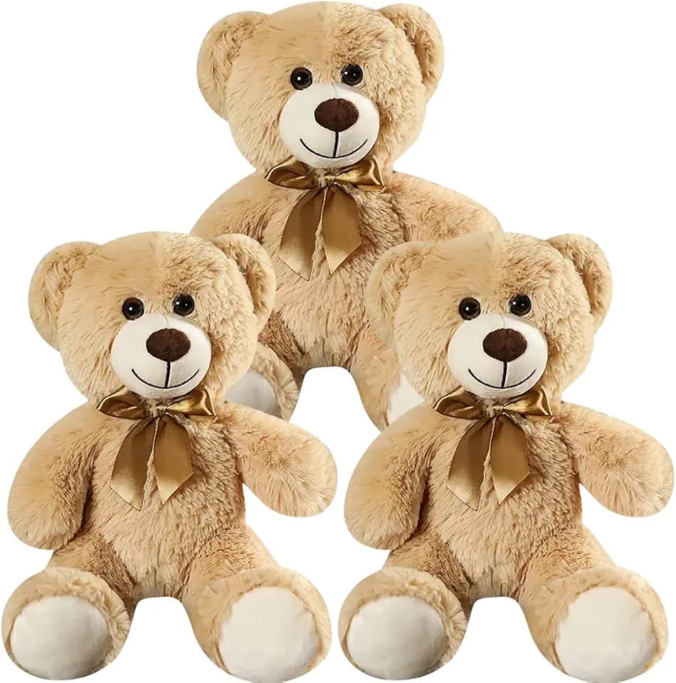 Plush Teddy Bear Cute Stuffed Animal Bear with Bow Plush Toys 13.8 Inches，Pack of 3 Bears (3 Khakis)