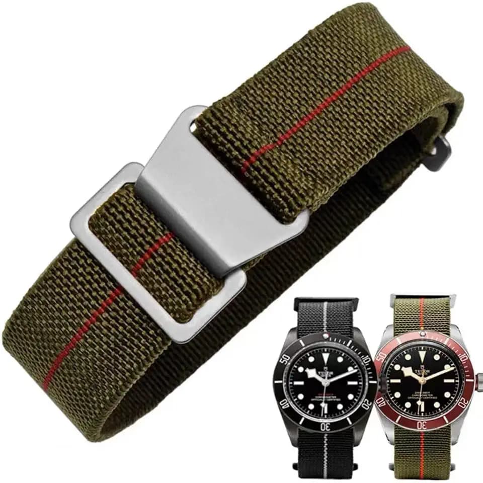 French Troops Paratrooper Watchband,Military Elastic Nylon Watch Strap with Hook-and-Loop for Men Women Silver & Black Buckle 18/20/22mm