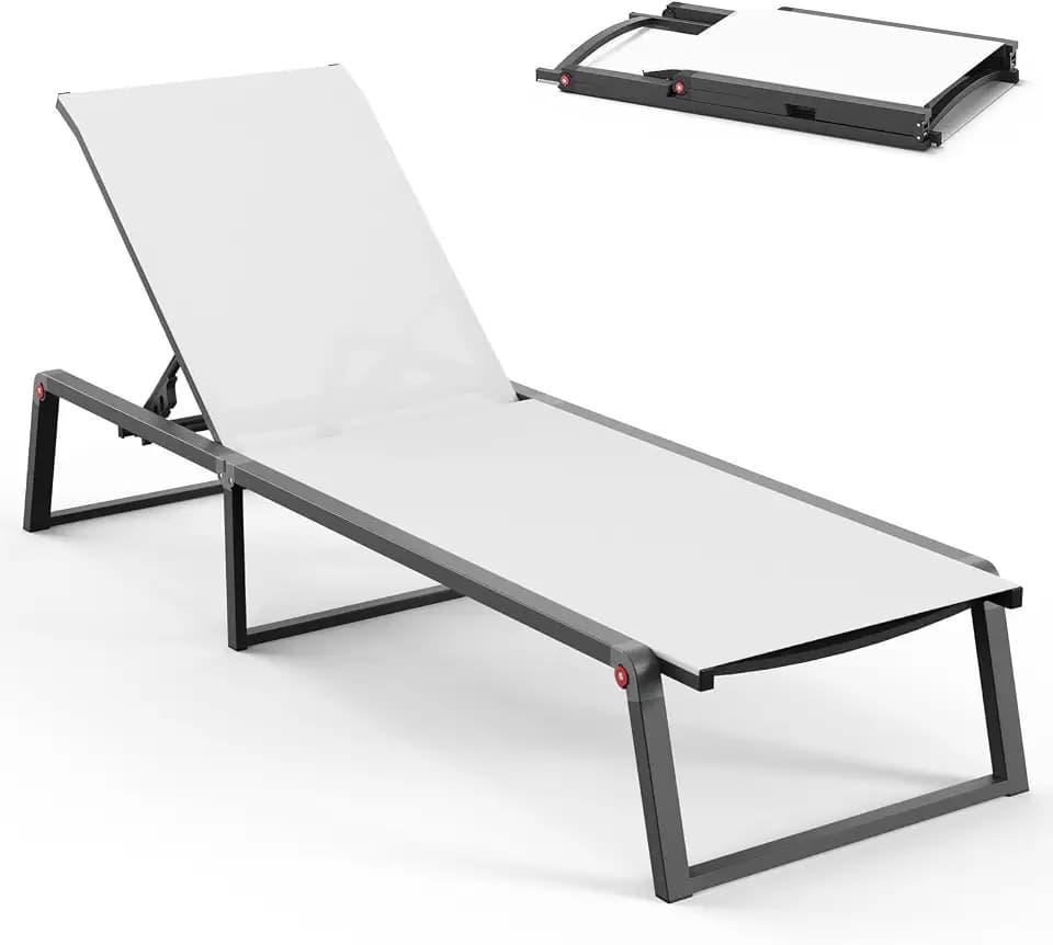 Aluminum Chaise Lounge Chair Outdoor, Foldable& No Assembly Patio Pool Lounge Chairs 5-Position Recliner for Outside, Fully Grounded Legs Sun Lounger for Poolside, Bright White