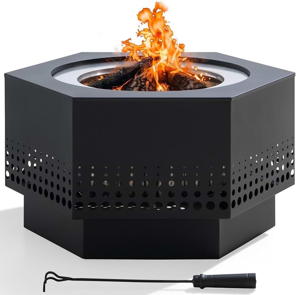 SUNJOY Smokeless Fire Pit 28-Inch Hexagonal Firepit for Outdoor, Stainless Steel Wood Burning Fireplace with Removable Ash Pan, PVC Cover and Fire Poker, Ideal for Camping, Bonfire, Backyard, Black