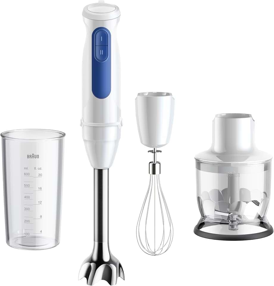 Braun MultiQuick 3 - Stabmixer 900W mit 350ml Zerkleinerer Weiß | Handmixer, PowerBell VPlus, 2 Geschwindigkeitsstufen, Edelstahl-Schneebesen, 600 ml Becher, EasyClick System Plus, MQ30202M