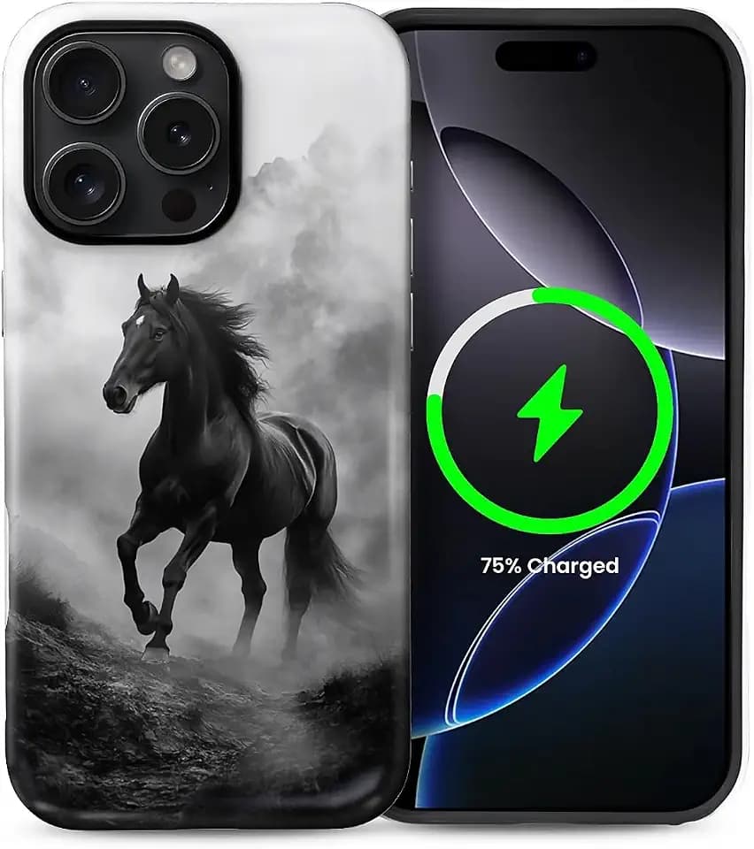 CARLOCA for iPhone 15 Pro Compatible with Magsafe Full Body Protective Glossy Case for Girl Boy Shockproof Magnetic Charge Esthetics Pattern Black Horse Running Misty Mountains