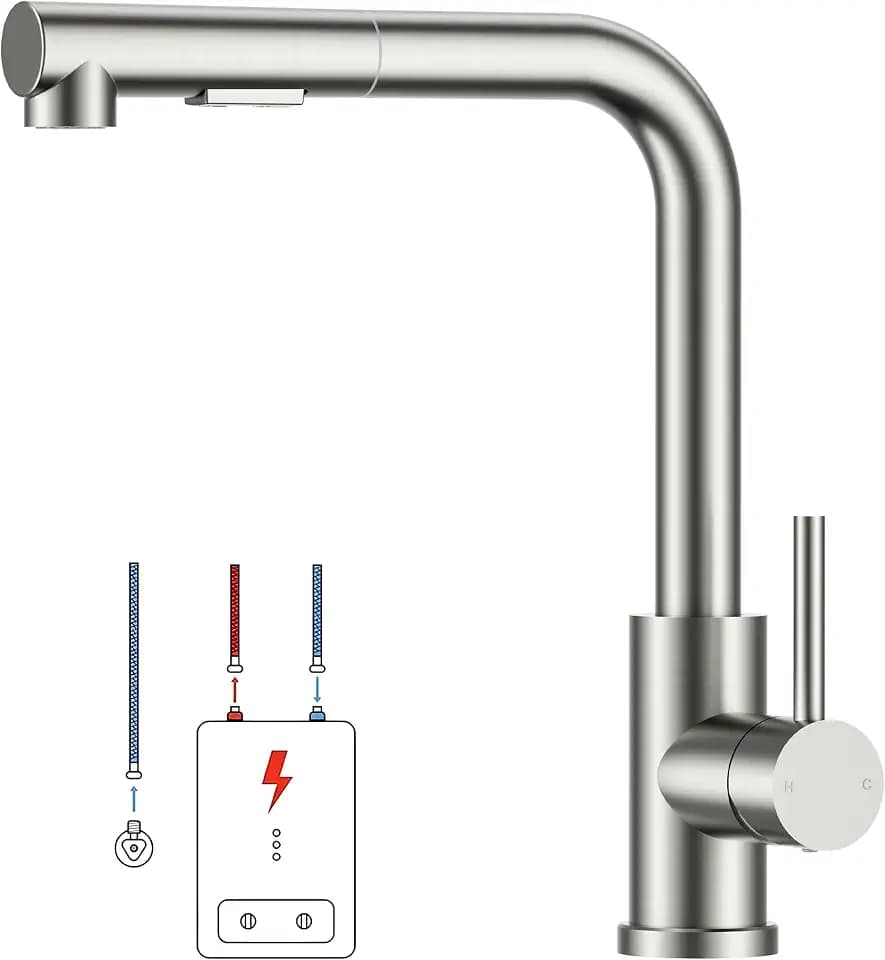 FORIOUS Niederdruck-Küchenarmatur, Einhebel-Warm- und Kaltwasserhahn, Wasserhahn mit 3 anschluessen fuer boiler, geeignet für Boiler und Untertischboiler, Roestvrij Staal