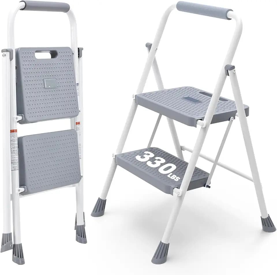 DUMOS 2 Step Ladder, Sturdy Step Stool with Anti-Slip Pedal & Comfortable Handrail, Portable Heavy Duty Stool for Kitchen, Garage & Outdoor, 330lbs, Grey