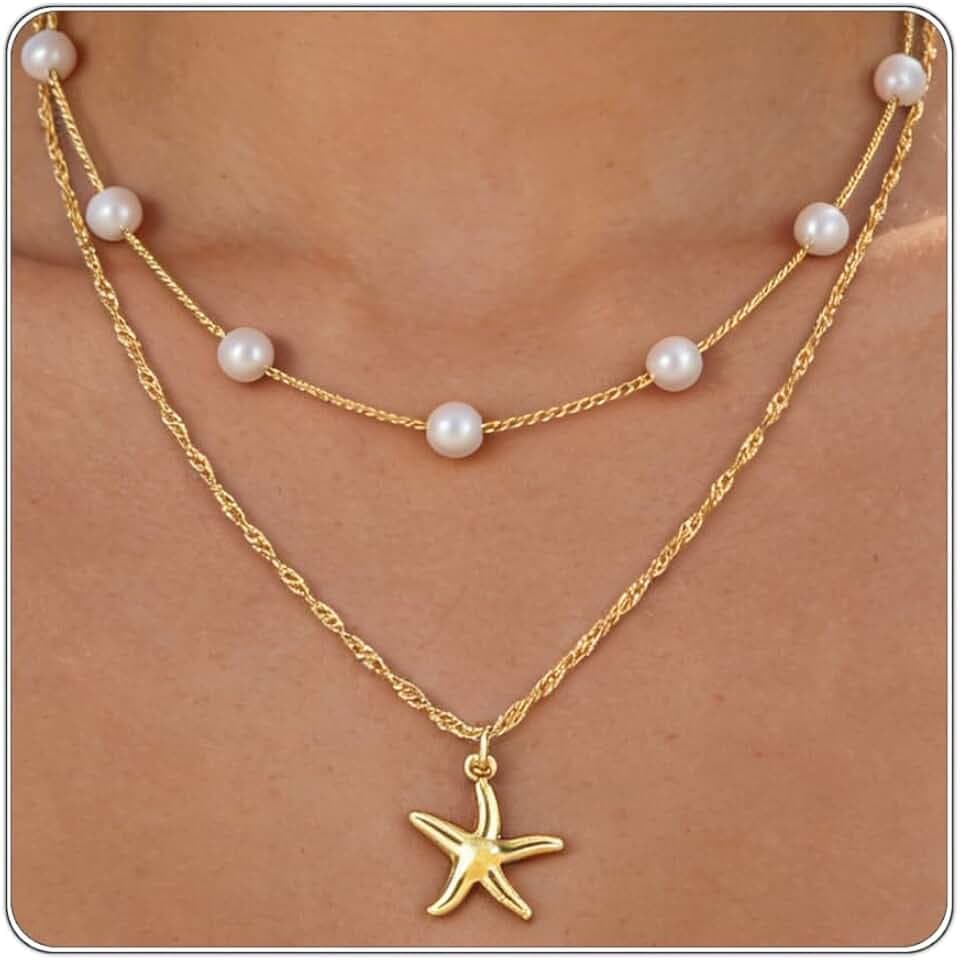 Beach Layered Shell Necklace for Women, 14K Gold Plated Starfish Conch Seashell & Pearl Charm Pendant, Dainty Coastal Summer Vacation Jewelry