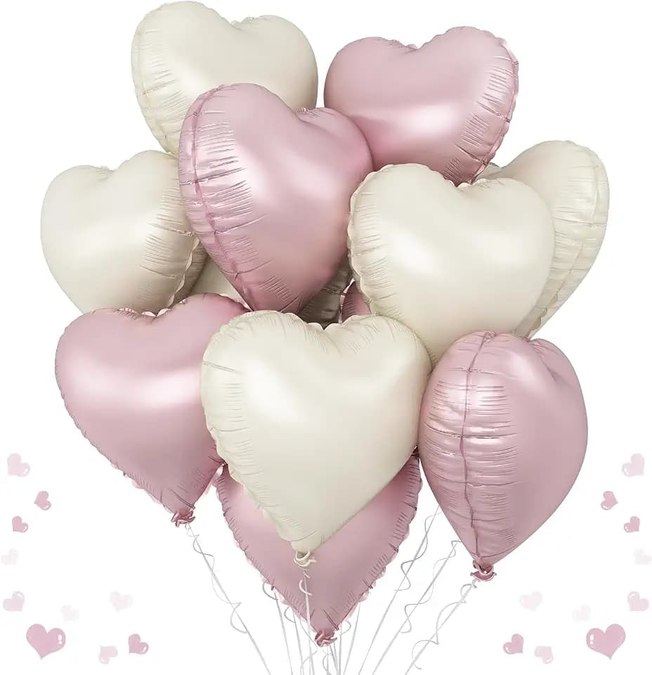 Pink White Heart Balloons, 18 Inch Baby Pink and Cream Helium Foil Heart Balloon 10Pcs Pastel Nude and Light Rosa Heart Shape Foil Balloons for Boho Girls Women Birthday Baby Shower Bridal Valentines