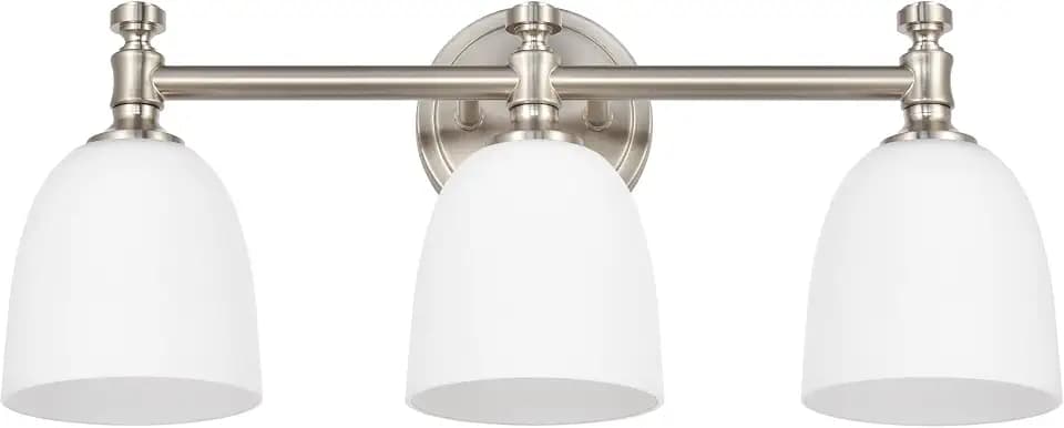 Bathroom Vanity Light, 3-Light Bathroom Light Fixtures Over Mirror, Traditional Vanity Lights for Living Room, Milk White Bell Glass Shades, Standard E26 Base, Brushed Nickel