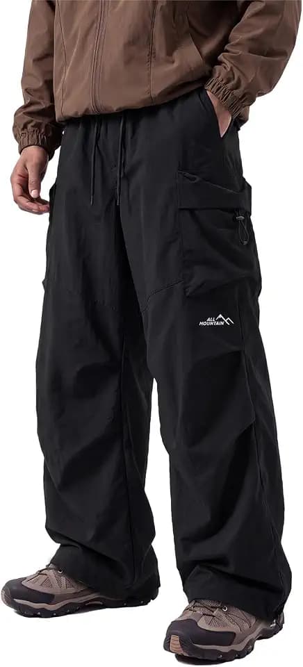 Men's Baggy Hiking Pants Water Repellent Cargo Pants Lightweight Loose Fit Parachute Pants with Pockets