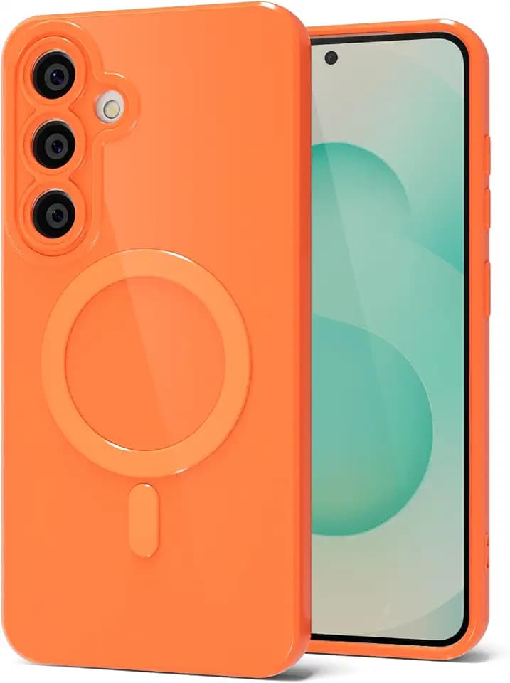 Svanove for Samsung Galaxy S24 Plus/ S25 Plus Phone Case Silicone Magnetic, Compatible with Magsafe Case Cute for Women, Girly Bright Glossy Jelly Slim Hard Mag Safe Rubber & Camera Cover, Neon Orange