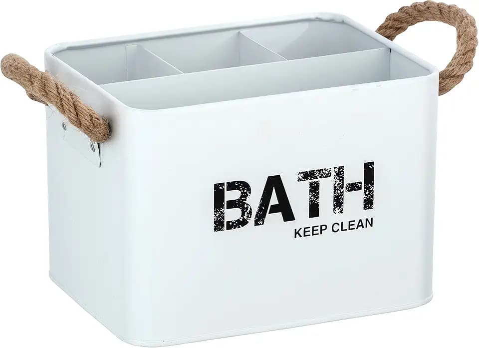 WENKO Badbox Gara mit 4 Fächern, Aufbewahrungsdose aus Stahl, trendiger Aufdruck, geflochtene Griffe, ideal für Bad und Gäste-WC, 19 x 12,5 x 13 cm, Weiß