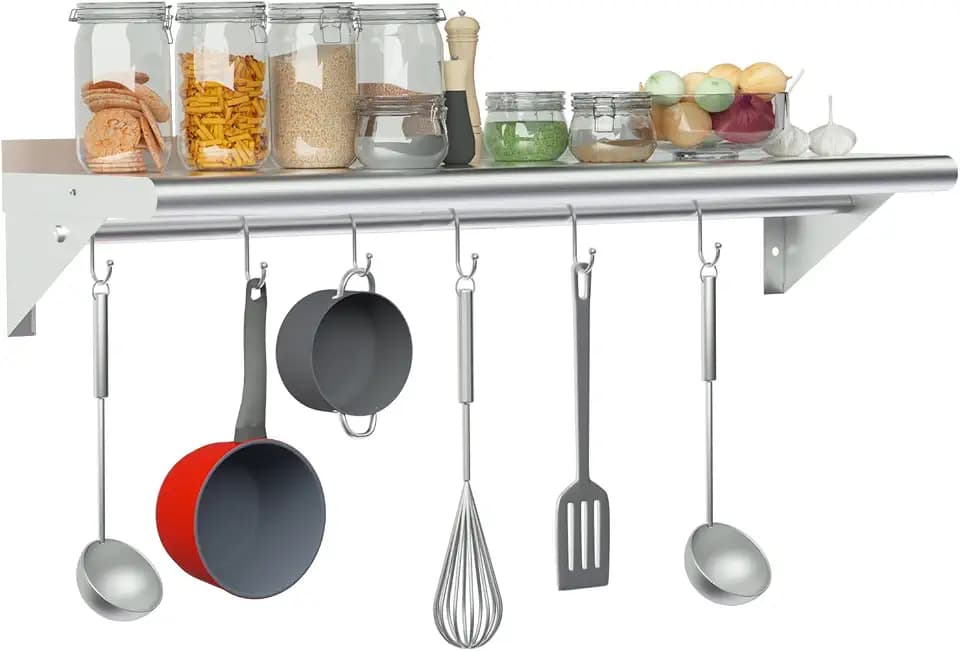 Treshin Stainless Steel Shelf with 6 Hooks 14" x 36" Commercial Pot Rack