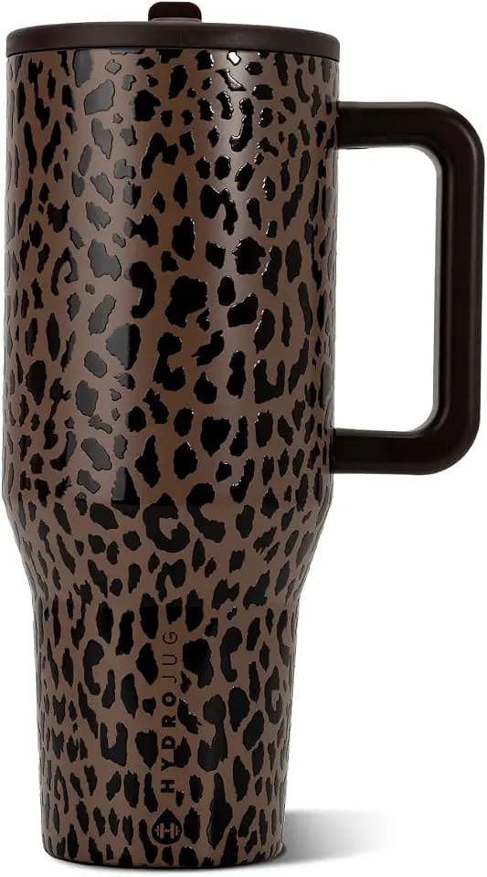 HydroJug Traveler 32oz, Insulated Tumbler with Handle & Straw, Brown Leopard