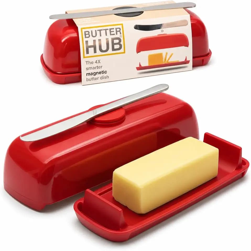 Butter Hub Butterdose mit Deckel und Messer, magnetischer Butterbehälter, einfache Schaufel, kein Durcheinander Deckel, Kunststoff, spülmaschinenfest (rot)