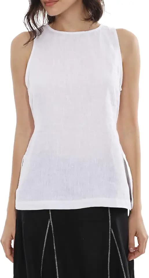 Amazhiyu Womens 100% Linen Crewneck Sleeveless Tank Tops