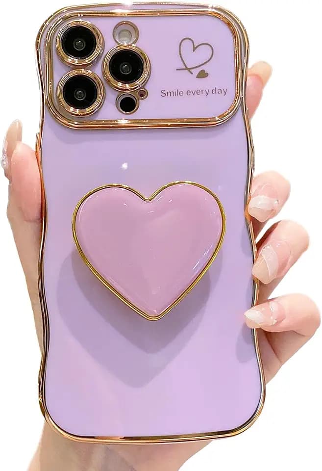 Compatible with Cute iPhone 15 Pro Max Case, Purple Wave Frame Curly Shape Phone Case with Love Heart Kickstand Raised Camera Protection Luxury Plating Shockproof TPU Protective Cover for Women Girls