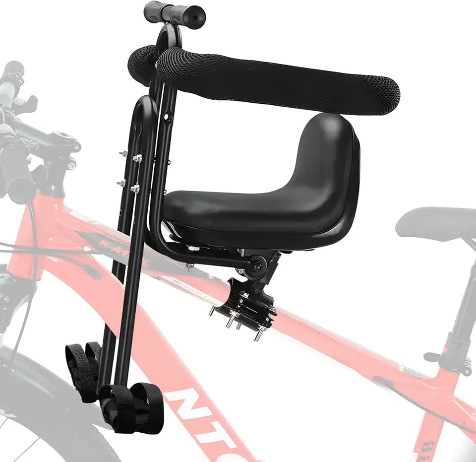 Front Mounted Child Bike Seat for Adult MTB–Interactive Toddler Bicycle Carrier with Full Guardrail,Foot Pedals & Removable Foot Straps,Height Adjustable for Kids 1–5 Years (Up to 55lbs)