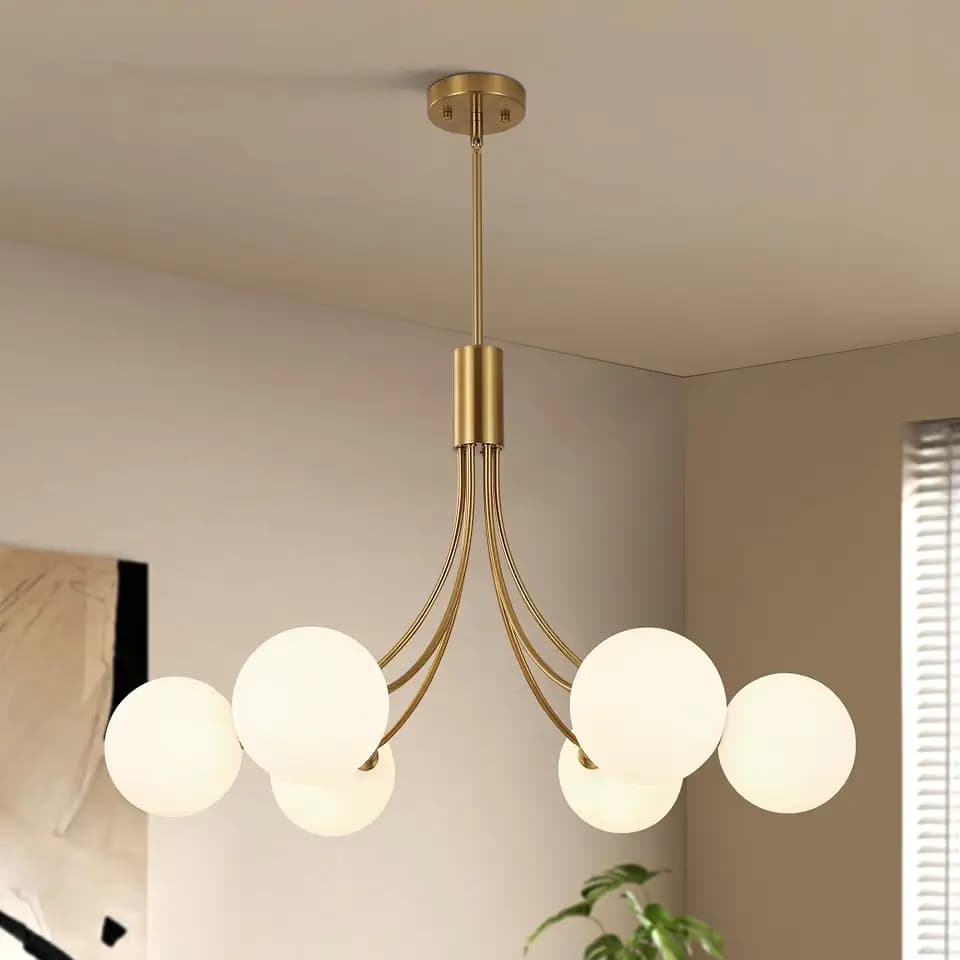 CNRATYE 6-Light Modern Farmhouse Gold Chandeliers for Dining Room Light Fixture, Mid Century Hanging Sputnik Chandelier for Living Room Kitchen Island Bedroom Foyer, Milk White Globe Glass Shade