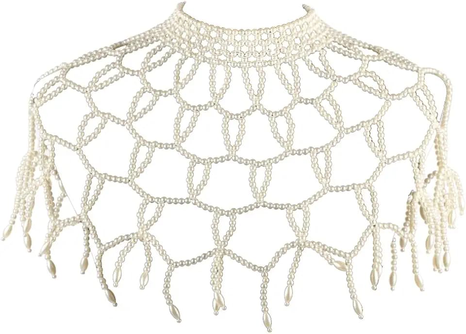 Pearl Body Chain for Women White Bead Mesh Cover Up Top Shoulder Shawl Statement Necklace Jewelry Costume