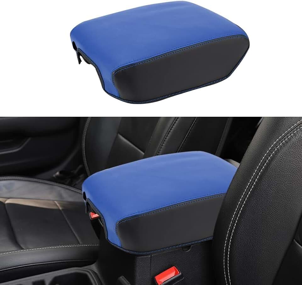 Center Console Armrest Box Cover Anti-Scratch Leather Auto Central Armrest Protector Pad Interior Accessories Fit for Jeep Wrangler JL/JLU 2018-2025,Gladiator JT 2020-2025(Black and Blue)
