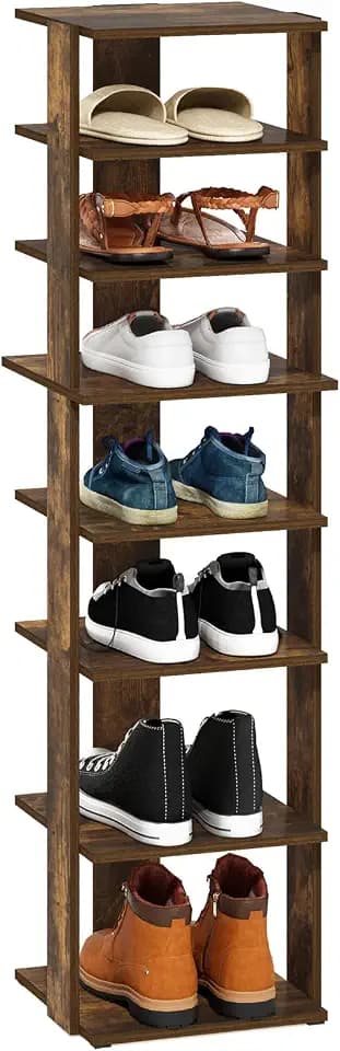 Furinno Compact Vertical Shoe Rack, 8-Tier Narrow Shoe Organizer, Free Standing Shoe Storage, Shoe Shelf for Boots, Sneakers, 12 x 12.6 x 46.7, for Closet, Entryway, Office, Garage, Amber Pine