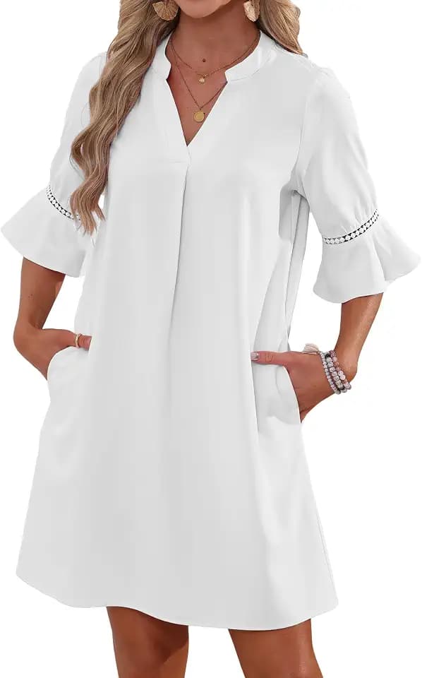 Famulily Damen Flowy Bell Kurzarm Etuikleid V-Ausschnitt Lose Sommer Freizeitkleider mit Seitentaschen S-XXL