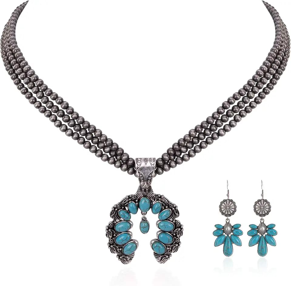 Rustic Couture's Turquoise Necklace Dangle Earring Jewelry Set for Women