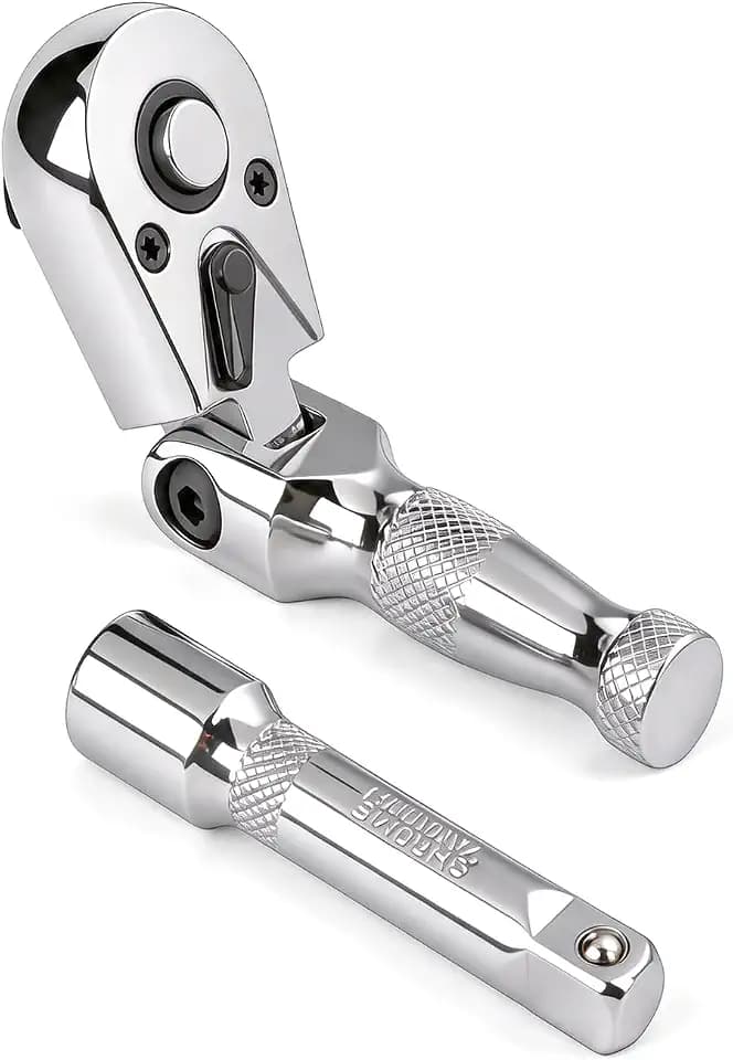 Stubby Flex Head 3/8" Drive Ratchet Wrench, 90T Mini Ratchet, Quick-Release Reversible with Cr-Mo Head and 3" Extension Bar for Tight Spaces