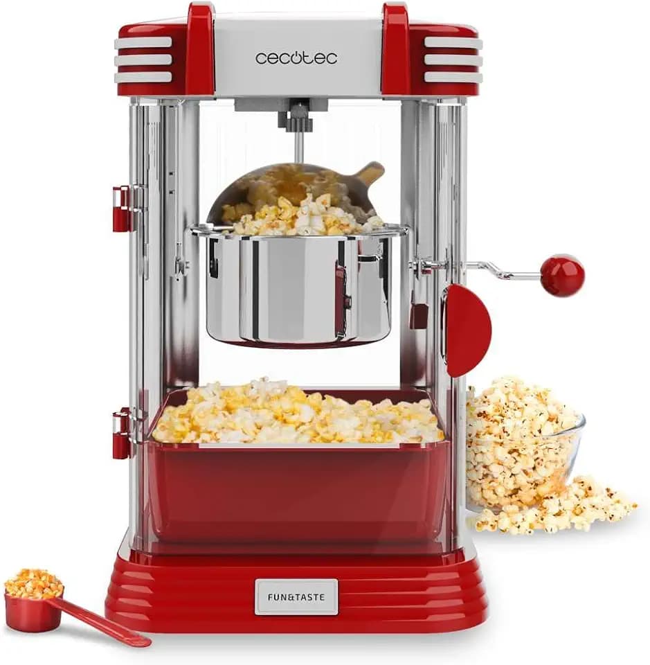 Cecotec Elektrische Popcornmaschine Fun&Taste P'corn Classic. Popcorn-Maschine, 300 W, Retro-Design, 500 ml Edelstahltopf, Herausnehmbare Schale, Innenbeleuchtung, Dosierlöffel
