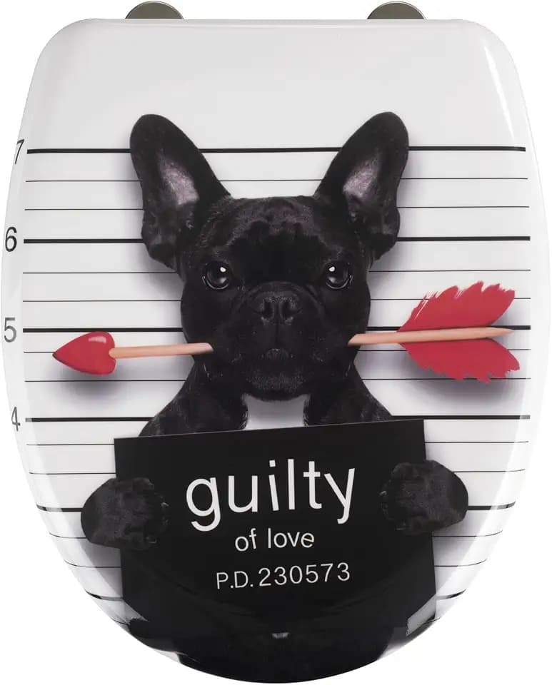 WENKO WC-Sitz Guilty Dog, Toilettensitz mit Absenkautomatik, Fix-Clip Hygiene-Befestigung, WC-Deckel aus antibakteriellem Duroplast Escobillero Badi, cromo 45 x 38 cm