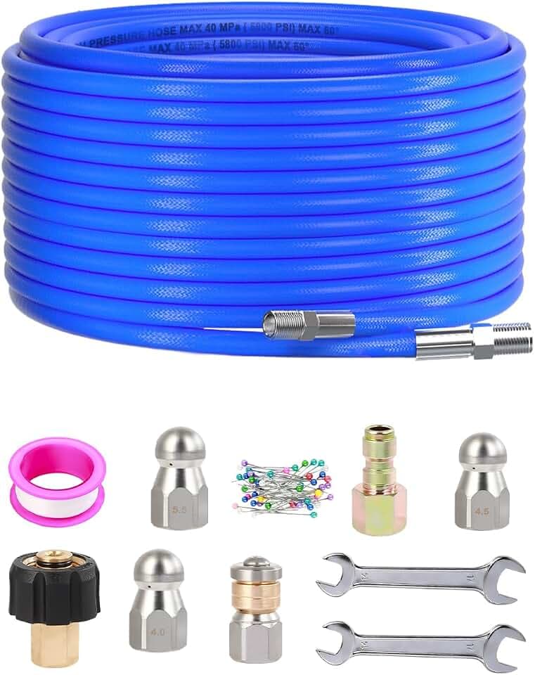 Sewer Jetter Kit for Pressure Washer 50FT, 5800 PSI Water Jet Drain Cleaner Hose 1/4 Inch NPT Corner, Rotating and Button Sewer Jetting Nozzles, Waterproof Tape, Spanners, and Pearl Corsage Pin