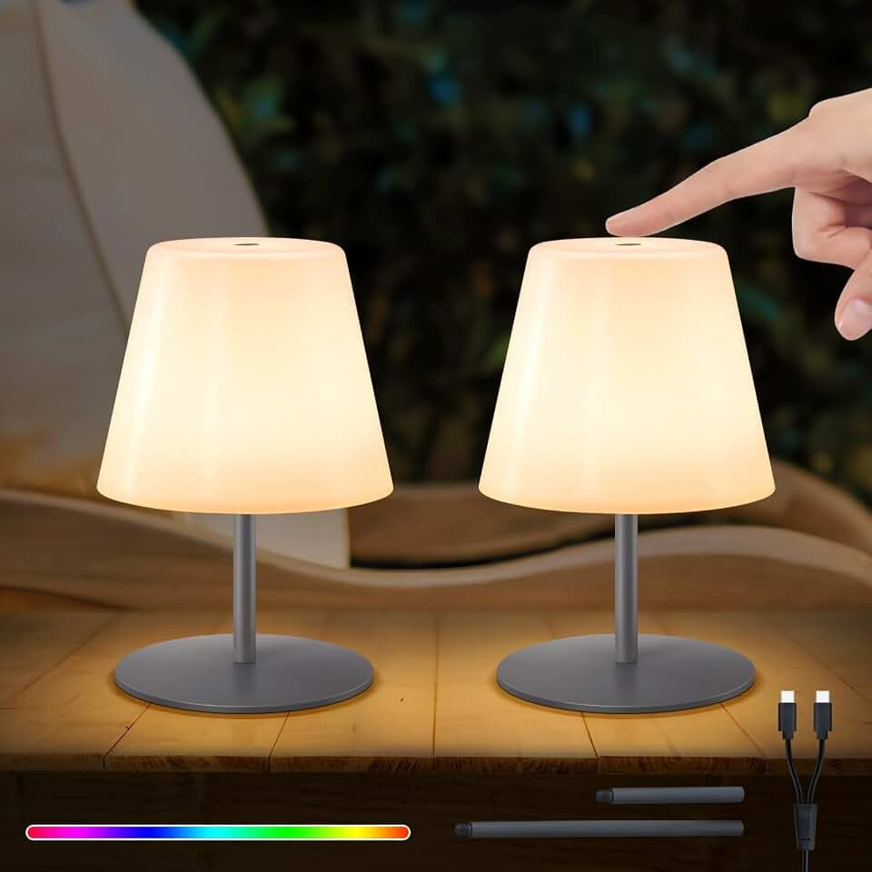 LED Tischlampe Akku 2er Set Touch Dimmbar Warmweiß/RGB USB-C Aufladbar Tischleuchte kabellos Mini Klein IP44 für Wohnzimmer Balkon Patio Terrasse​ (Grau)