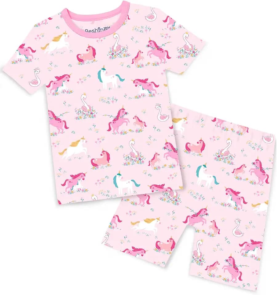 babee Reshinee Bamboo Viscose Toddler Unicorn Mermaid Girls Kids Pajamas Short Sleeve Summer Cool Snug fit Pjs, 2pcs