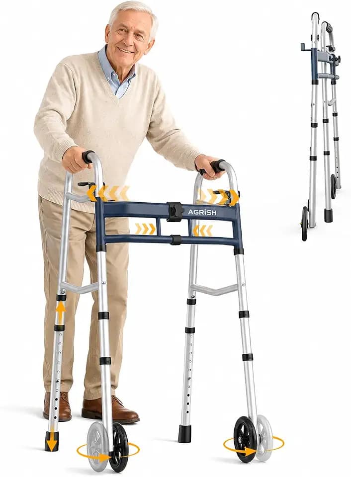 Narrow Walkers for Seniors, Folding Walker with 5 Inch Wheels for Small Spaces, Adjustable Width & Height, Lightweight Standard Walkers for Elderly, 350 lbs Support, Navy Blue