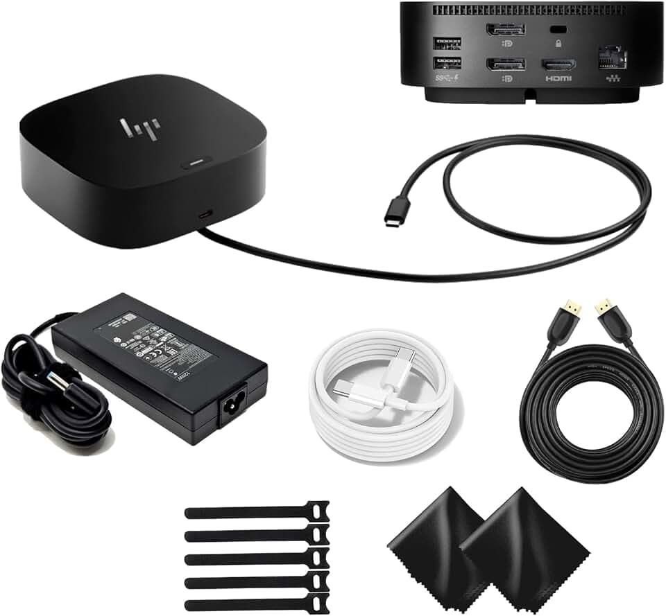 HP 5YH26AV#ABA USB-C G5 Dock - HP HSN-IX02 L64086-001 L75125-001 Docking Station for Laptop Dual Monitor and Charging Bundle w/ 120W AC Adapter, HDMI Cable, USB-C Cable, Fiber Cloth, Cable Ties