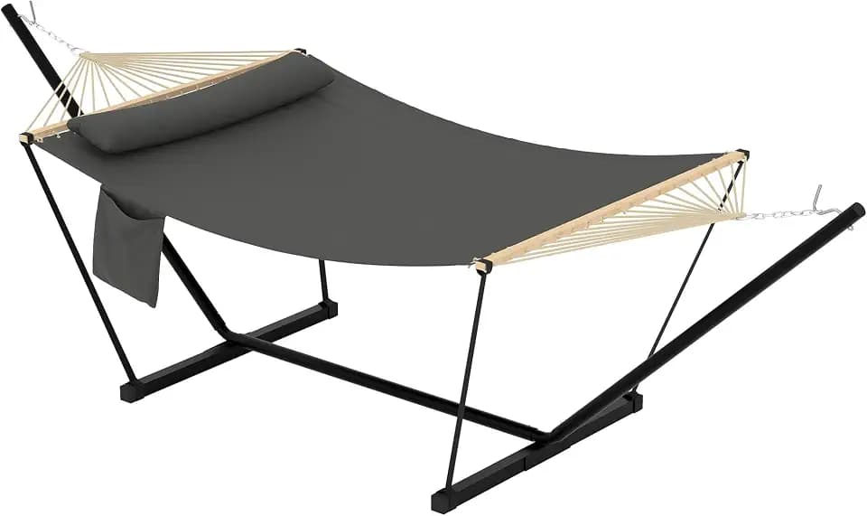 Double Hammock with Stand - Heavy Duty Portable 2 Person Design with Adjustable Steel Stand, Max 450LBS, Ideal for Outdoor Patio, Garden, Beach & Backyard