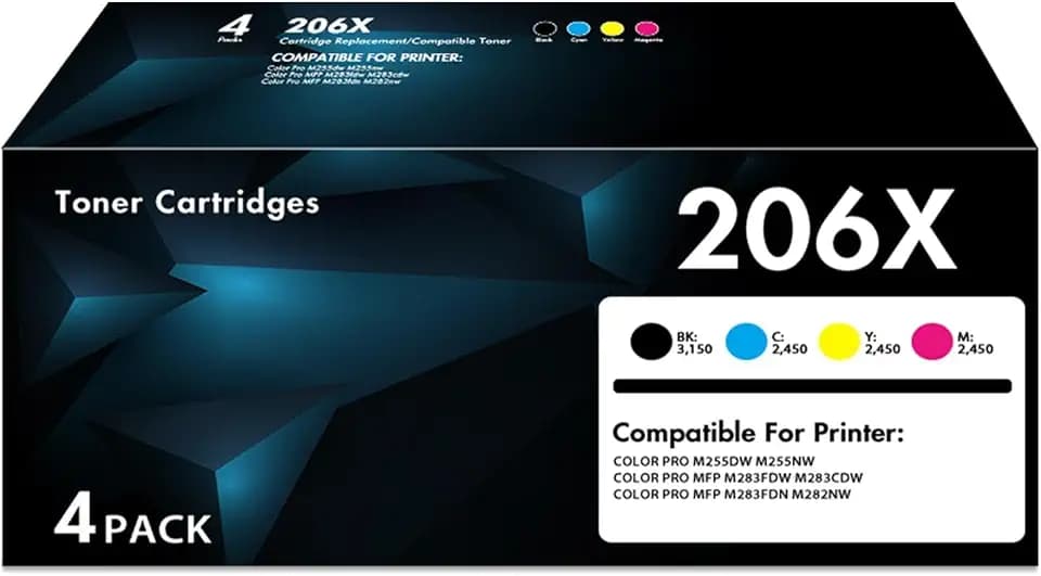 206X High Yield Toner Cartridges 4 Pack | MFP M283fdw Compatible for HP 206X 206A W2110X with Chip for Color LaserJet MFP M283fdw M283cdw M283 Pro M255dw M255 Printer Ink (Black Cyan Yellow Magenta)