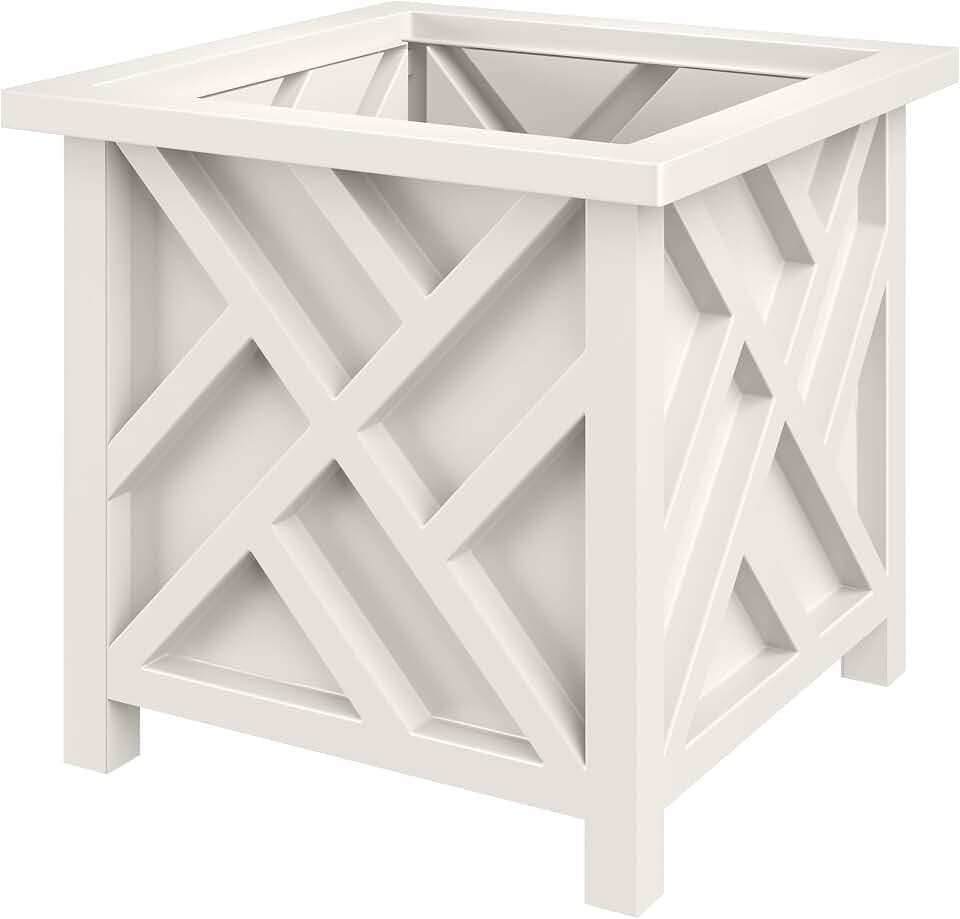 Lattice Design Outdoor Planter Box - 15.5” Square White Plant Pot - Decorative Plant Pots for Front Porch Decor - Flower Pots Outdoor Planters for Porch Patio or Garden Decor by Pure Garden