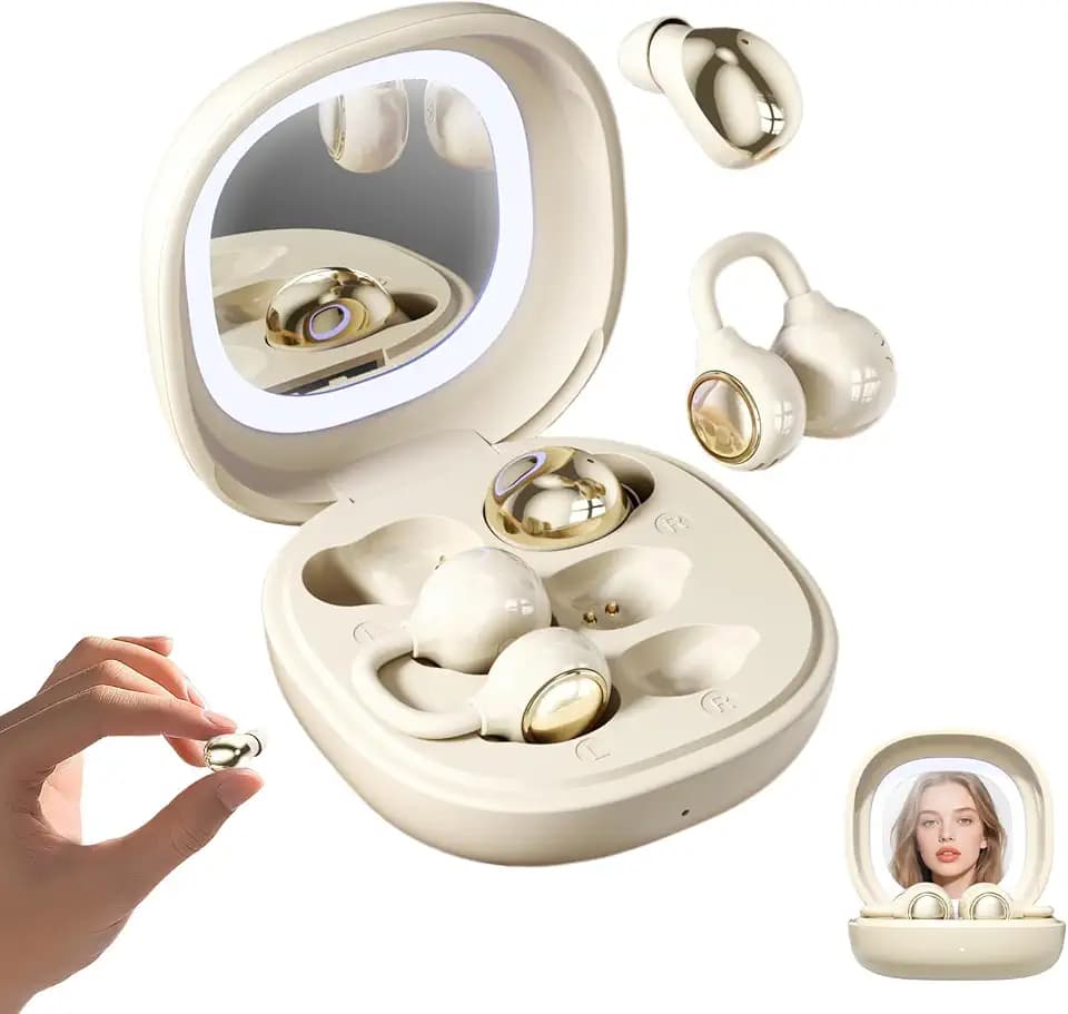 Wireless Clip-On Open Earbuds, Butterfly Earring Bluetooth Headphones with Heart-Shaped Charging Case & Makeup Mirror, 42H Playtime, Lightweight Earphones for Women, Sports, Gifts