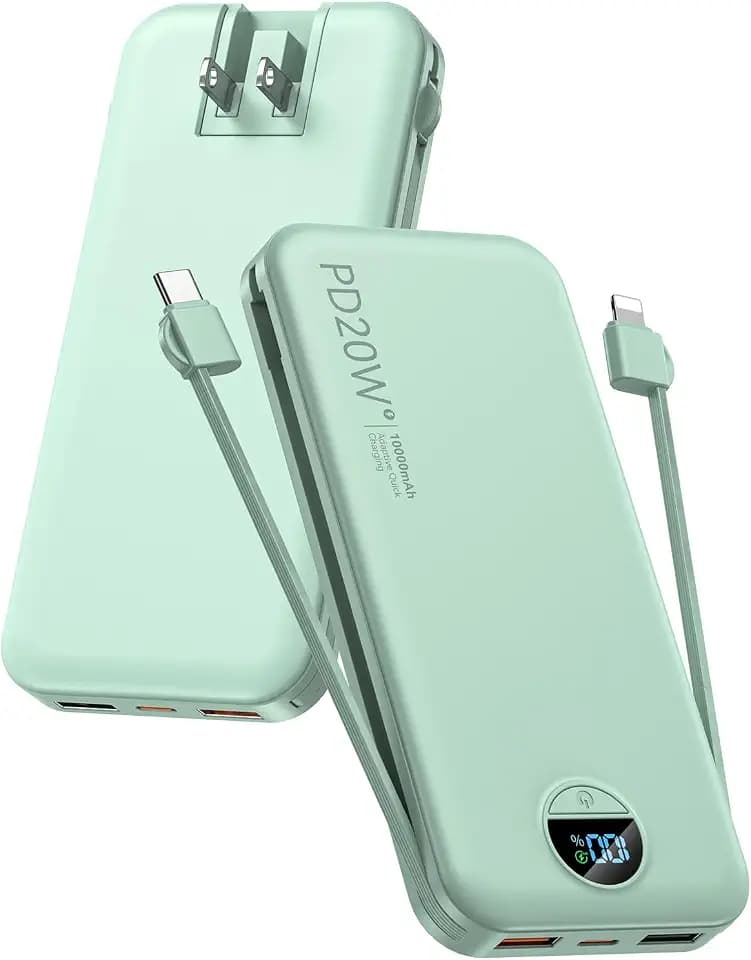 citicr Portable Charger 10000mAh PD20W w/Built-in Cables & Wall Plug Green