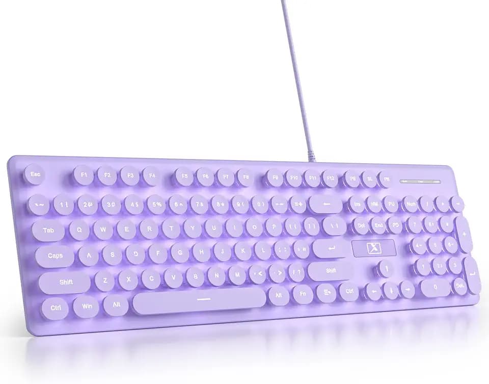 surmen Purple Quiet Keyboard Wired Retro Typewriter, Full Size Soft Keyboards with Number Pad, Round Keys, Backlit USB for Office, Desktop, Laptop(Purple)