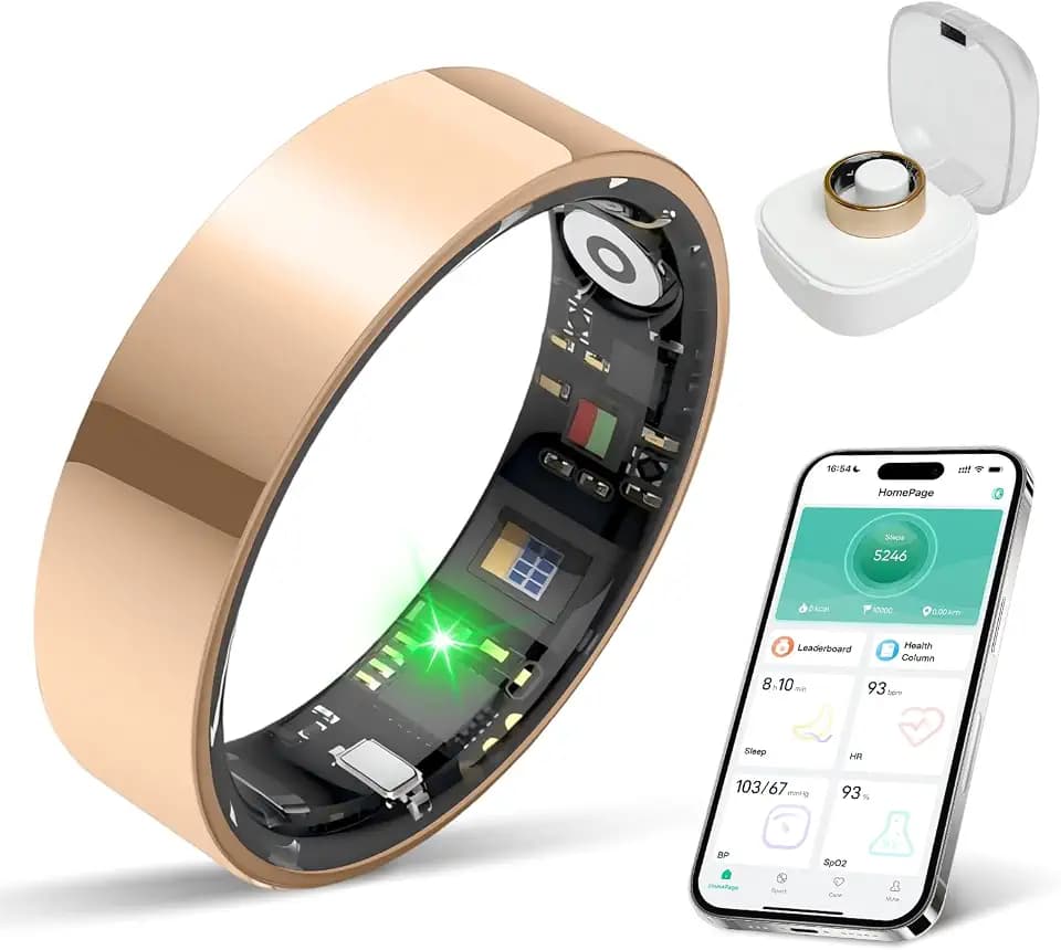BIEMHA IP68 Waterproof Smart Ring - Fitness & Health Tracker with Sleep/Exercise Monitoring, Unisex for Women Men, iOS & Android Compatible, Long Lasting Battery Life, No Subscription (Gold, 8)