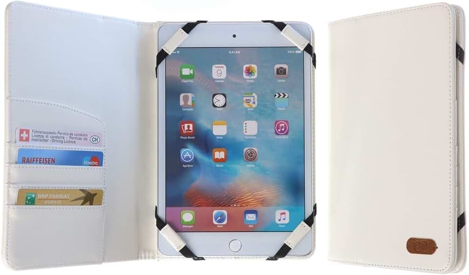 3Q Luxus Universal Tablet-Hülle 8 Zoll bis 7 Zoll Luxus Premium Leder-Optik Luxuriöse Tablet Tasche Etui mit Fächern für Kreditkarte Ausweis Geld Schweizer Premium Design und Verpackung Cover Weiss