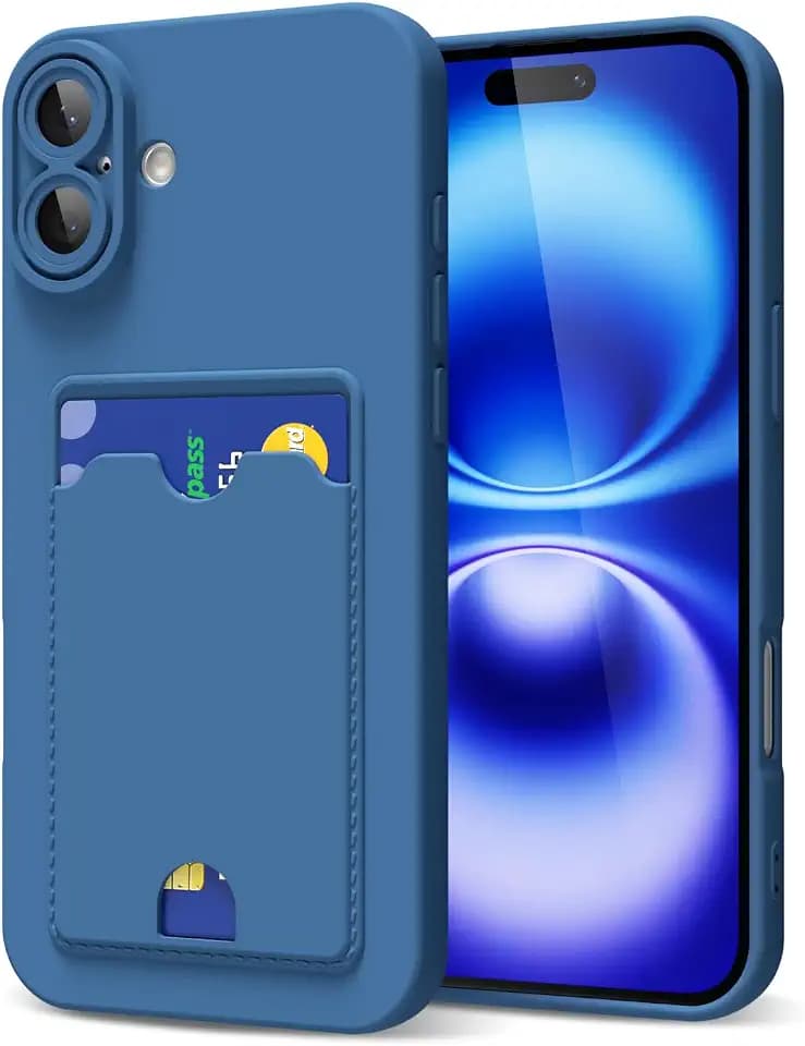 oakxco for iPhone 16 Case with Card Holder, Cute Silicone Wallet Phone Case with Credit Card Slot, Soft Rubber Thin Slim Purse for Women Men with Shockproof Camera Cover Protection, Navy Blue