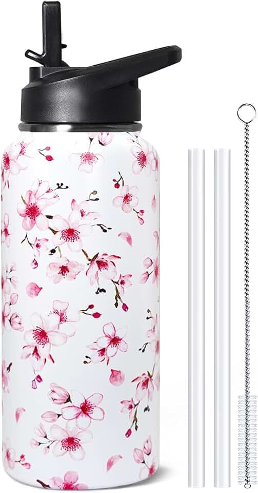 32oz Cherry Blossoms Flip Stainless Insulated Aater Water Bottle with Straw,Pink Cherry Blossoms Floral Gym Hiking Sports Coffee Mug Cup Water Bottles,Cherry Blossoms Decor Stuff Accessories